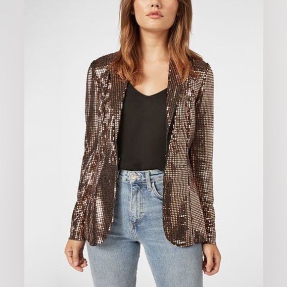 JustFab Jackets & Blazers - JustFab | Rose Gold Sequin Shawl-Collar Jacket - Blazer